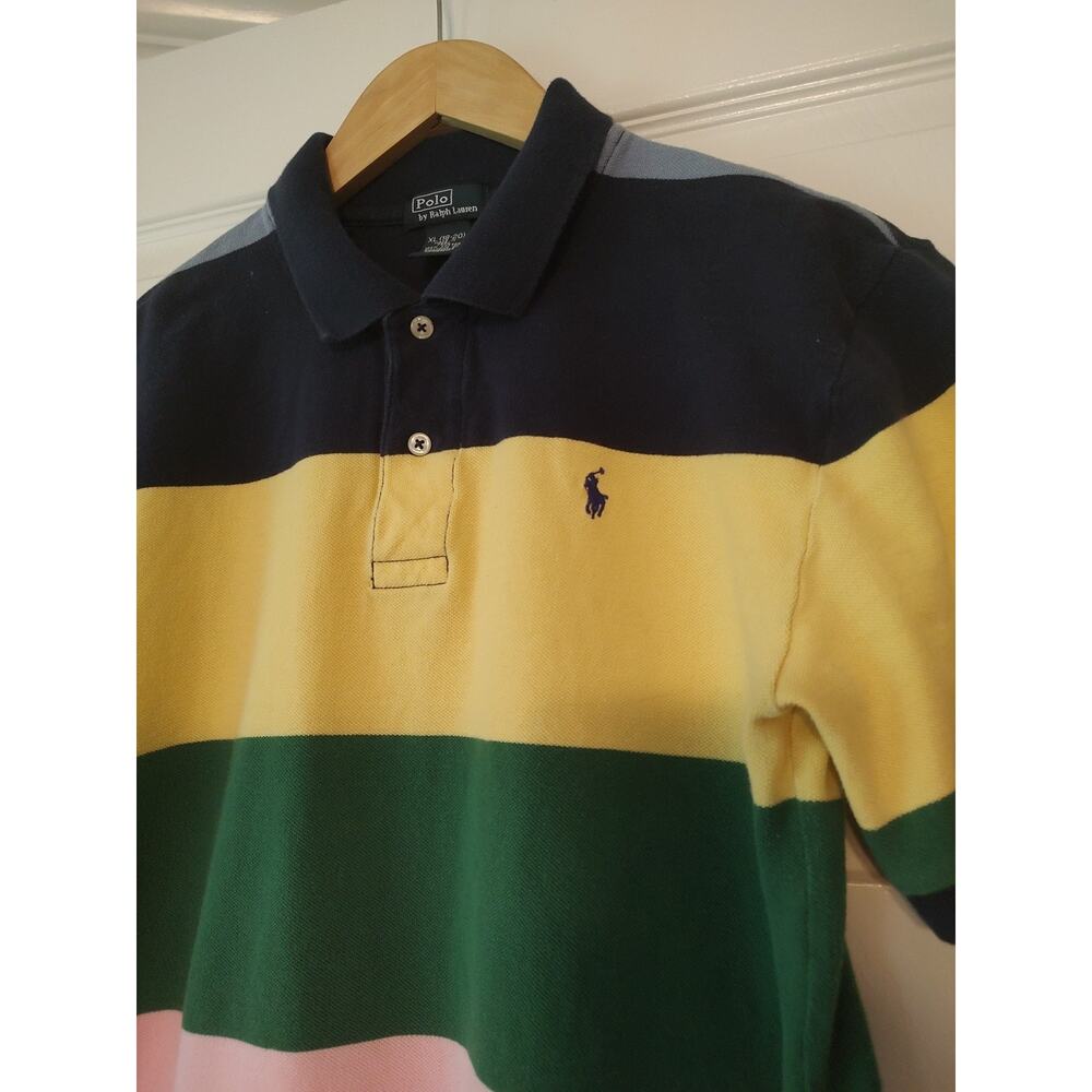 Youth Boys Polo Ralph Shirt Pique 2 Button Striped Color Block Short Sleeve - XL - Picture 2 of 4